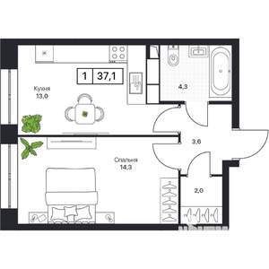 1-к квартира, вторичка, 37м2, 7/17 этаж