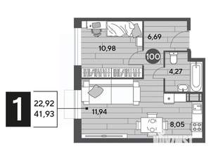 1-к квартира, строящийся дом, 42м2, 11/15 этаж