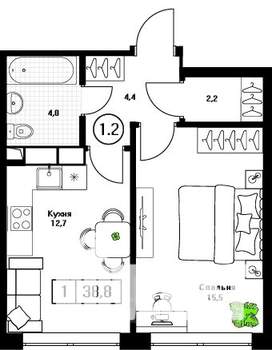 1-к квартира, вторичка, 39м2, 4/13 этаж