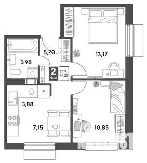 2-к квартира, строящийся дом, 44м2, 2/9 этаж