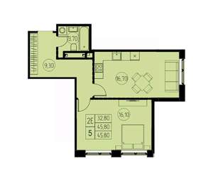 2-к квартира, строящийся дом, 46м2, 21/28 этаж