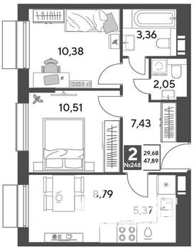2-к квартира, строящийся дом, 48м2, 10/12 этаж