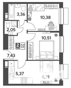 2-к квартира, строящийся дом, 48м2, 2/15 этаж