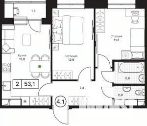 2-к квартира, вторичка, 53м2, 8/17 этаж