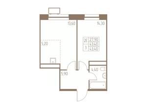 2-к квартира, строящийся дом, 43м2, 25/25 этаж