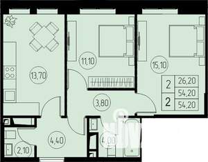 2-к квартира, строящийся дом, 54м2, 3/23 этаж