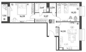 2-к квартира, строящийся дом, 67м2, 12/12 этаж