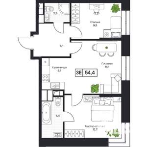 2-к квартира, вторичка, 54м2, 11/17 этаж