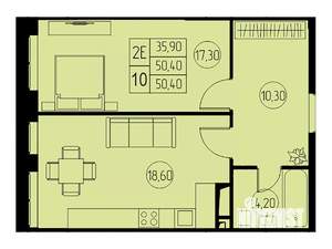 2-к квартира, строящийся дом, 50м2, 17/23 этаж