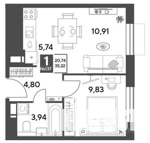 1-к квартира, строящийся дом, 35м2, 8/10 этаж