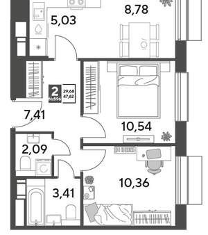 2-к квартира, строящийся дом, 48м2, 8/15 этаж