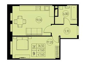 2-к квартира, строящийся дом, 48м2, 22/23 этаж