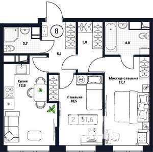 2-к квартира, вторичка, 52м2, 8/17 этаж