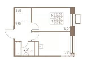1-к квартира, строящийся дом, 41м2, 23/25 этаж