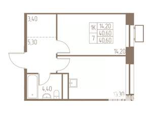 1-к квартира, строящийся дом, 41м2, 20/25 этаж
