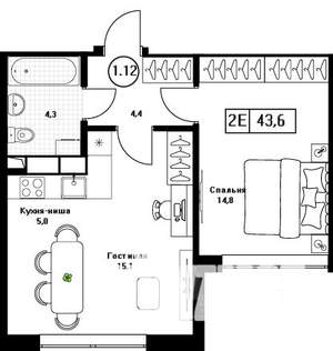 1-к квартира, вторичка, 44м2, 6/13 этаж