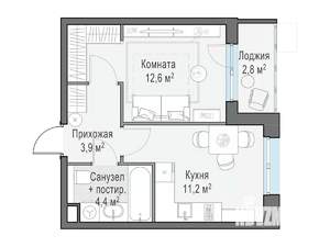1-к квартира, строящийся дом, 34м2, 2/15 этаж