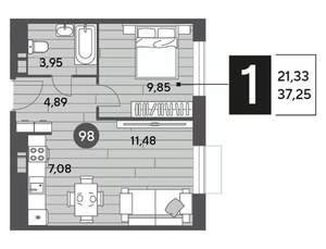 1-к квартира, строящийся дом, 37м2, 7/15 этаж