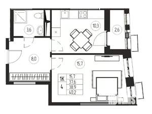 1-к квартира, вторичка, 39м2, 18/21 этаж