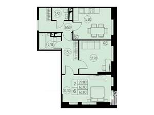 2-к квартира, строящийся дом, 64м2, 22/23 этаж