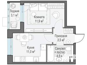 1-к квартира, строящийся дом, 32м2, 12/13 этаж