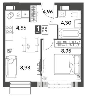 1-к квартира, строящийся дом, 32м2, 2/9 этаж