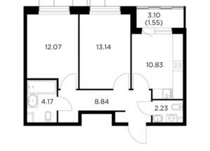 2-к квартира, строящийся дом, 53м2, 10/15 этаж