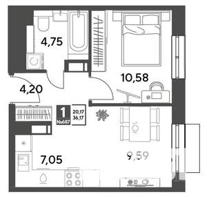 1-к квартира, строящийся дом, 36м2, 9/14 этаж