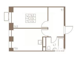 1-к квартира, строящийся дом, 41м2, 19/25 этаж