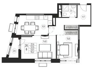 2-к квартира, вторичка, 54м2, 16/21 этаж