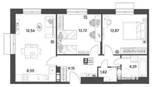 2-к квартира, строящийся дом, 64м2, 4/9 этаж