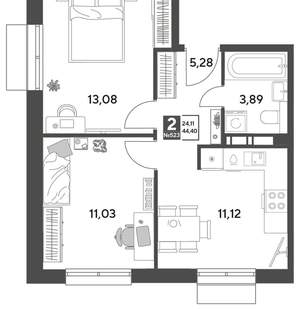 2-к квартира, строящийся дом, 44м2, 11/15 этаж
