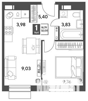 1-к квартира, строящийся дом, 32м2, 2/9 этаж