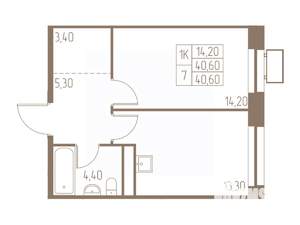 1-к квартира, строящийся дом, 41м2, 17/25 этаж