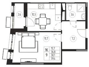 1-к квартира, вторичка, 38м2, 5/21 этаж