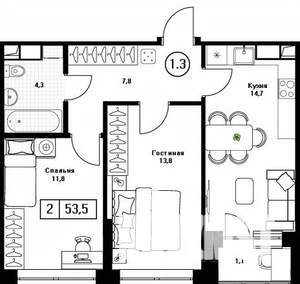 2-к квартира, вторичка, 54м2, 8/13 этаж