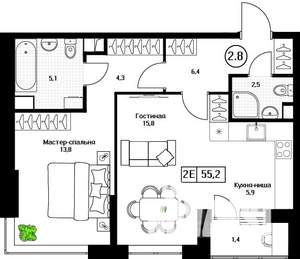 2-к квартира, вторичка, 55м2, 2/17 этаж