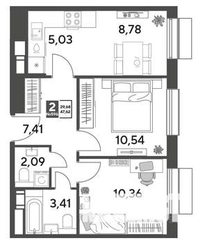 2-к квартира, строящийся дом, 48м2, 8/15 этаж