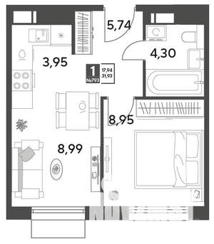 1-к квартира, строящийся дом, 32м2, 7/12 этаж