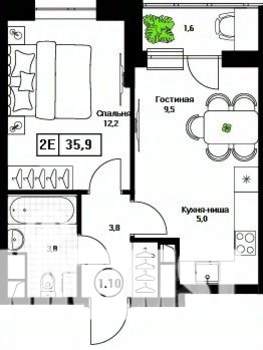 1-к квартира, вторичка, 36м2, 15/17 этаж