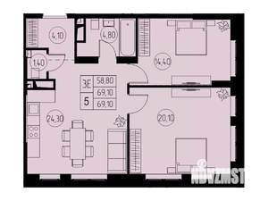 3-к квартира, строящийся дом, 69м2, 5/23 этаж