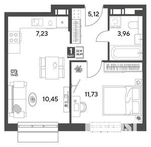 1-к квартира, строящийся дом, 38м2, 5/9 этаж