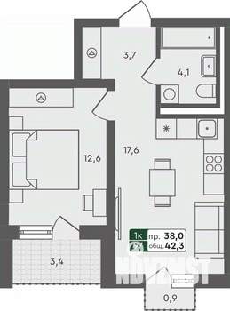 1-к квартира, строящийся дом, 42м2, 4/4 этаж