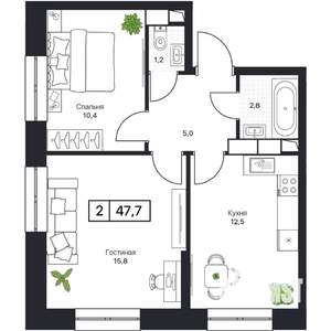 2-к квартира, вторичка, 48м2, 6/17 этаж