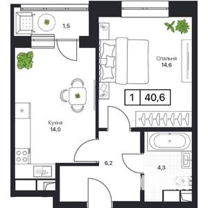 1-к квартира, вторичка, 41м2, 2/13 этаж