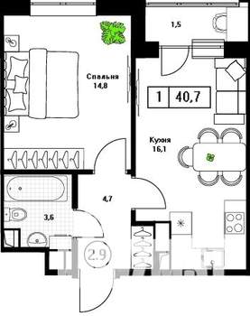 1-к квартира, вторичка, 41м2, 7/13 этаж