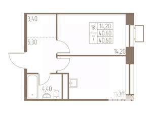 1-к квартира, строящийся дом, 41м2, 21/25 этаж