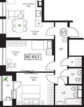 3-к квартира, вторичка, 63м2, 5/17 этаж