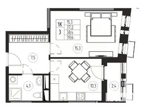 1-к квартира, вторичка, 38м2, 18/21 этаж