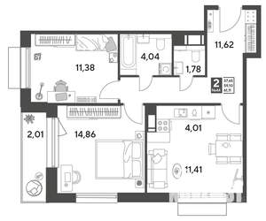2-к квартира, строящийся дом, 61м2, 2/9 этаж